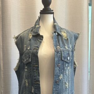 Distressed Sleeveless Longline Denim Jacket